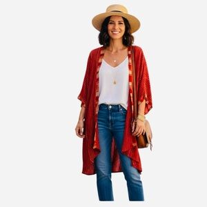 Freestyle women’s Red Striped Open Front Cardigan/kimono size 1X